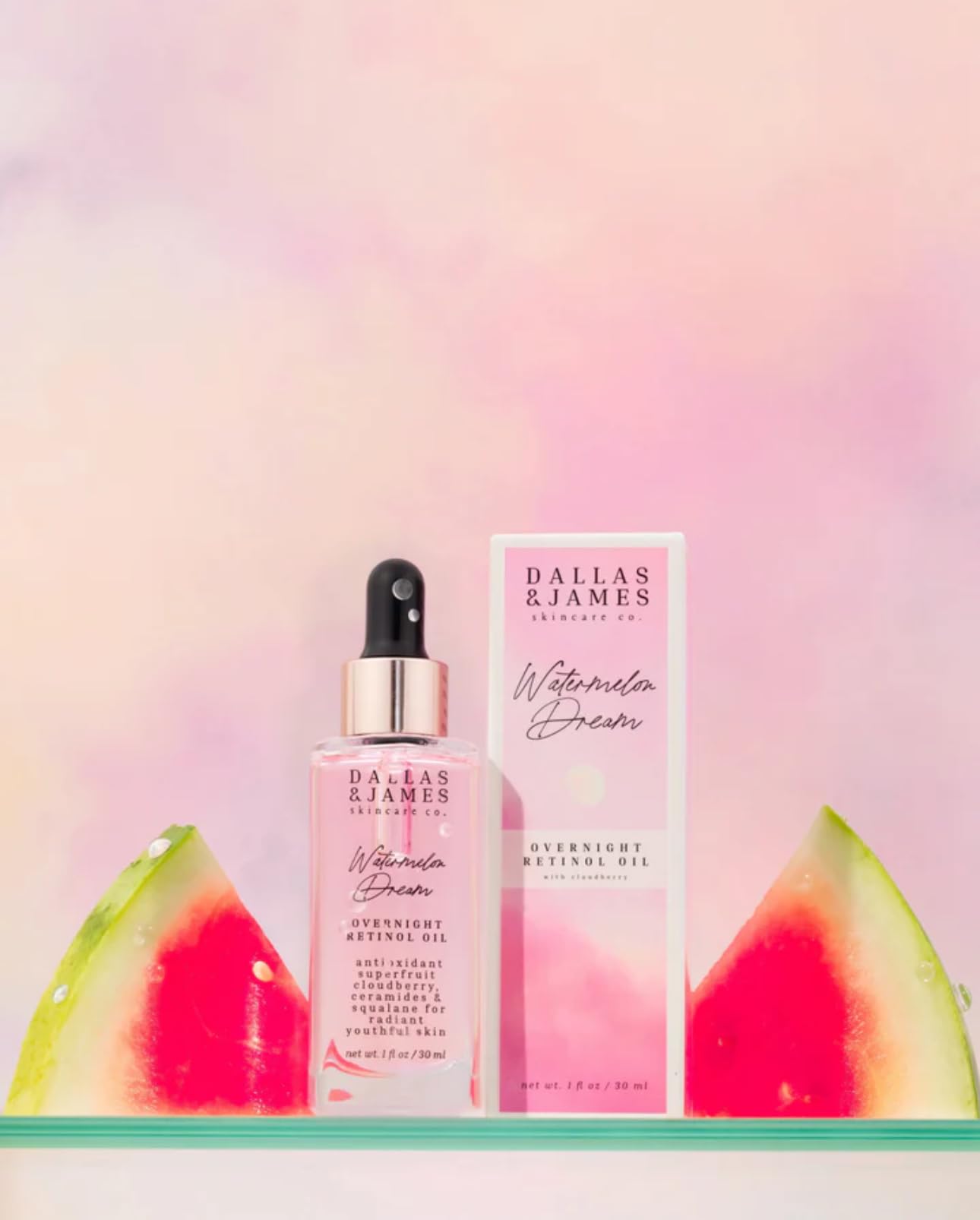 Dallas & James Skincare Co. Watermelon Dream Overnight Retinol Oil - .3% Retinol with Watermelon and Cloudberry, Ceramides + Squalane - Anti-Aging, Skin Smoothing Face Oil
