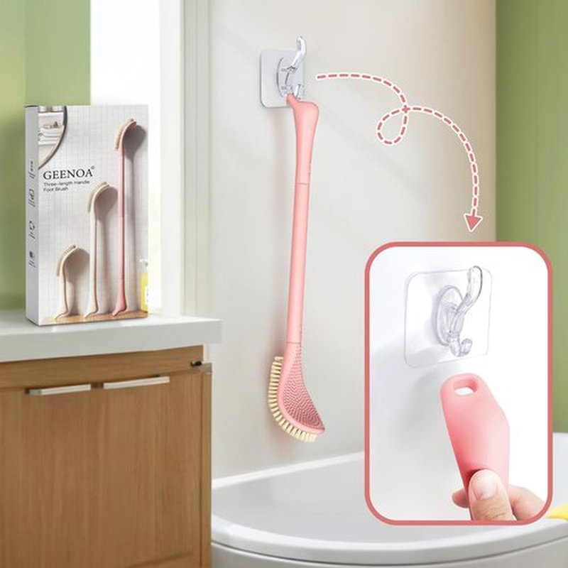 GEENOA New Foot Brush for Shower, 3-in-1 Foot Scrubber for Wet or Dry Brush, 10.2’’-27.5’’Adjustable Foot Scrub Brush and Silicone Body Scrubber Set, Gift-Box Packaged(Pink+Body Scrubber)