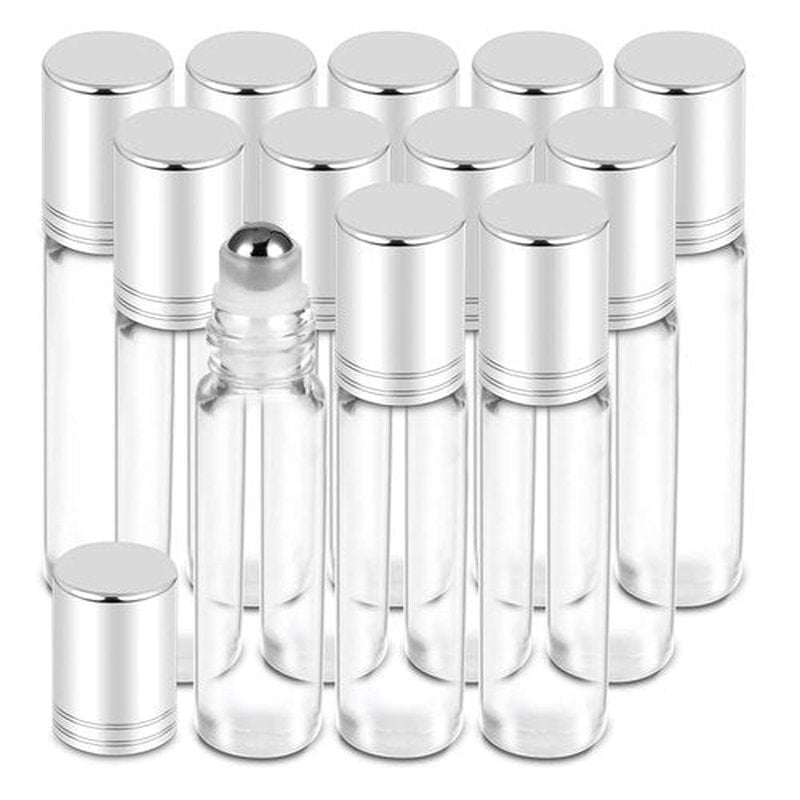 PrettyCare Essential Oil Roller Bottles 10ml (Clear Glass Bottle with Silver Cap, 12 Pack, 2 Extra Stainless Steel Balls, 24 Labels, Opener, Funnels Roller Balls for Oils, Roller on Bottles