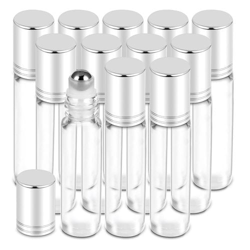 PrettyCare Essential Oil Roller Bottles 10ml (Clear Glass Bottle with Silver Cap, 12 Pack, 2 Extra Stainless Steel Balls, 24 Labels, Opener, Funnels Roller Balls for Oils, Roller on Bottles