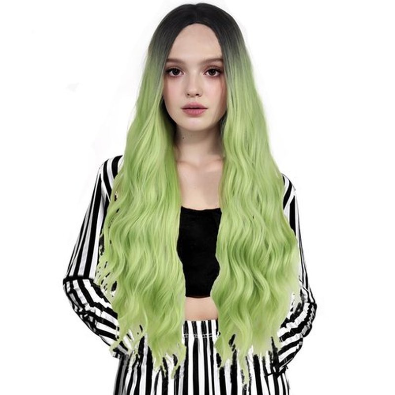 MAGQOO Matcha Green Wig for Women Girls Dark Roots Green Wig Long Curly Wavy Black Green Wigs Middle Part St Patrick Day Wig Synthetic Heat Resistant Halloween Cosplay Costume Party Daily Use