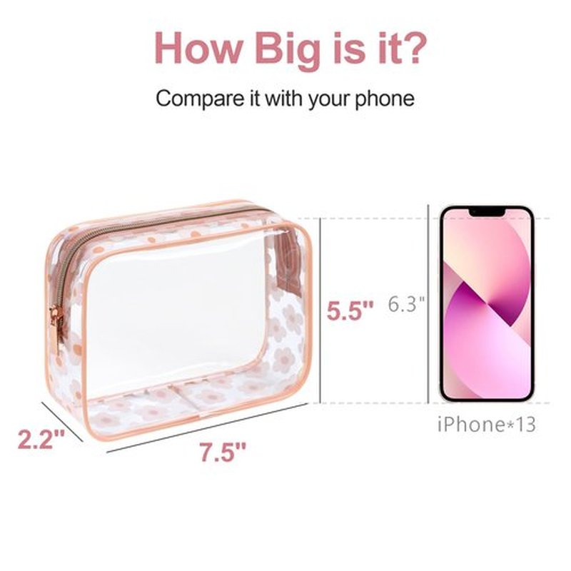 PACKISM TSA Approved Toiletry Bag - Rose Pink Flower Print Clear Makeup Bag, Suitable for Gifts, with Supporting Frame, Perfect for Travel Essentials, Thick No Smell