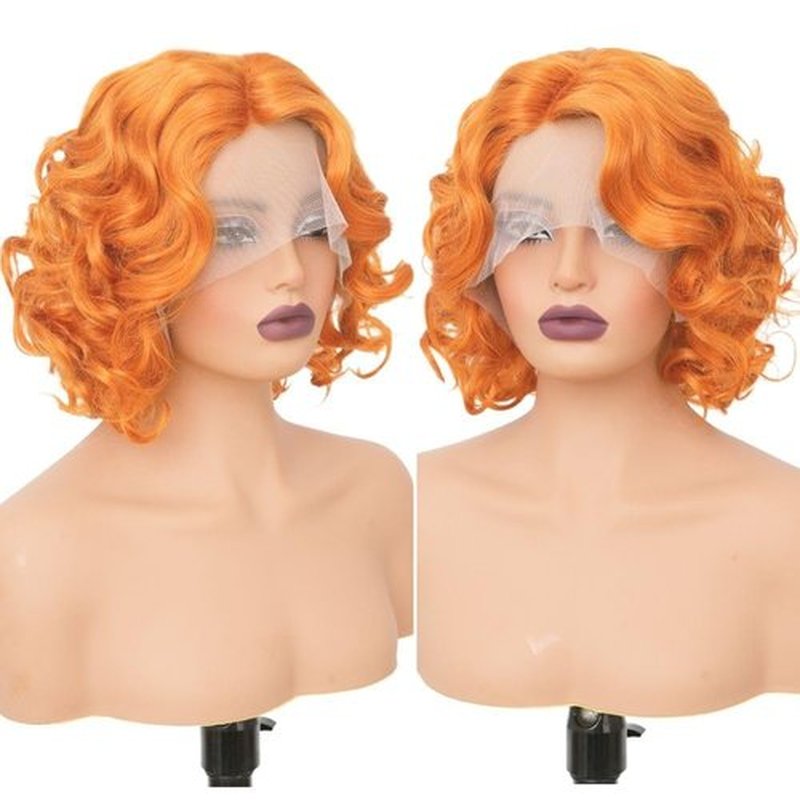 Siudus Orange Lace Front Wigs for Women Short Curly Side Part Finger Wave Synthetic Hair Wig Halloween Costume Wigs