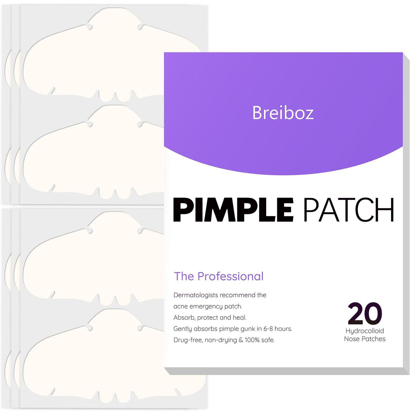 Breiboz Pimple Patches for Nose, Nose Pore Patches, XL Hydrocolloid Acne Patches Cover Zit Blemishes & Absorb Oil with Tea Tree, Salicylic Acid & Cica Oil | 20 Patches