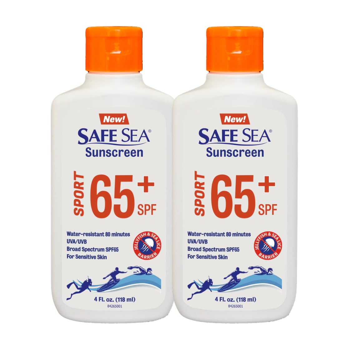 Safe Sea SPF 65+ Sport Sunscreen Lotion 4oz, Jellyfish and Sea-Lice Sting Protection, Super Water and Sweat resistant, Biodegradable, Easy to apply. 4Oz (118ml), Pack of 2
