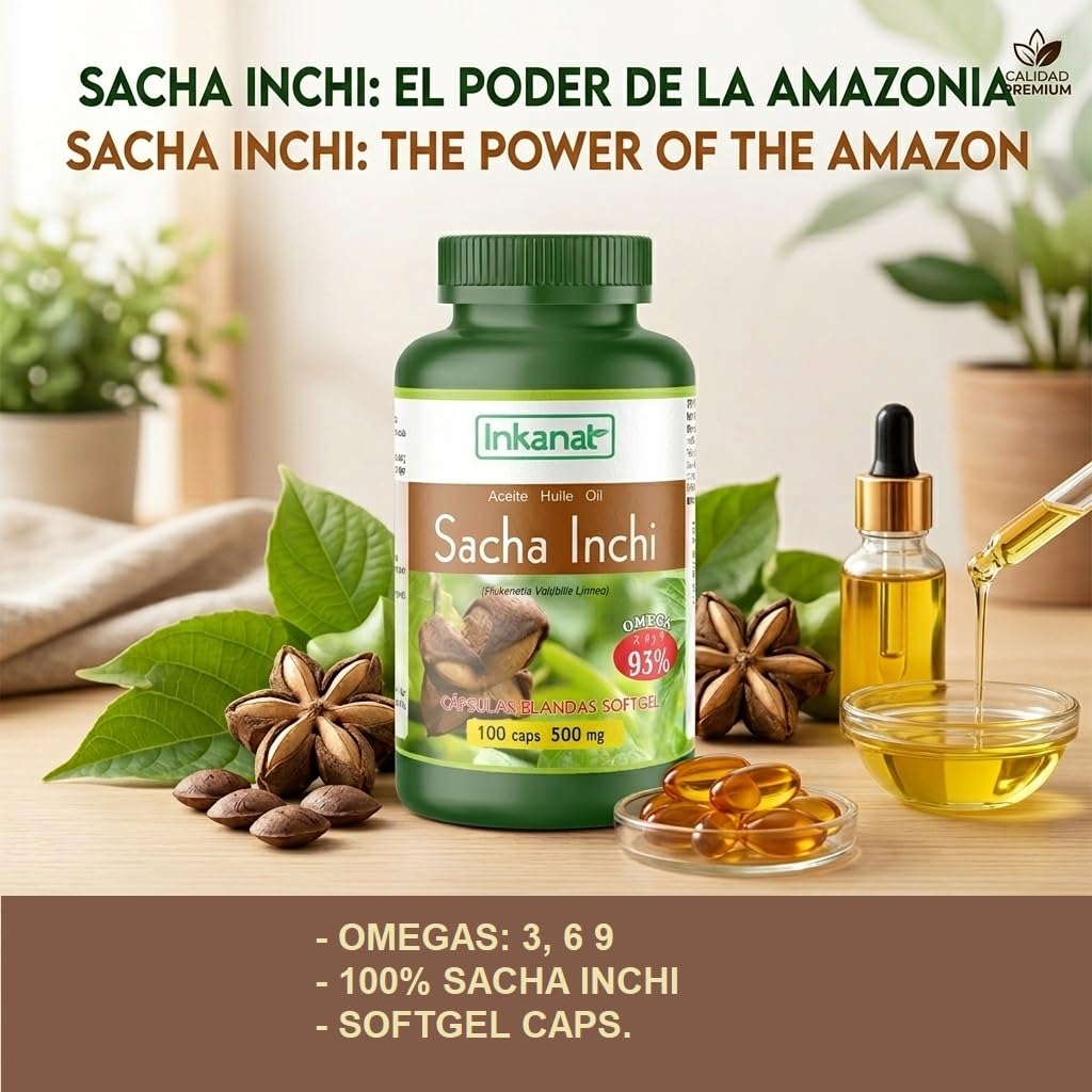 INKANAT Sacha Inchi Oil Capsules 100 x 500 mg – Cold Pressed Sacha Inchi Seed Oil – Natural Omega 3, 6 & 9