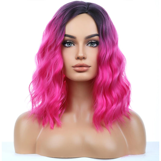 BERON Hot Pink Short Wigs Curly Bob Wig Ombre Color Wavy Hair Wigs Side Part Women's Synthetic Wigs Daily Party Use