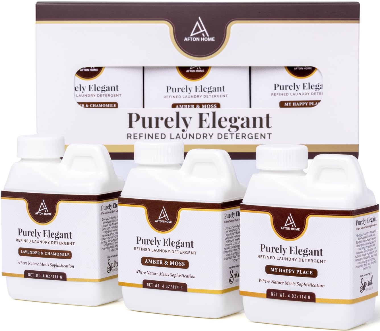 Luxury Laundry Detergent Liquid Soap Sampler 3 Pack by Purely Elegant, 4oz Travel Size Variety Set, Lavender & Chamomile, Amber & Moss, My Happy Place, Plant Based Biodegradable Sensitive Safe