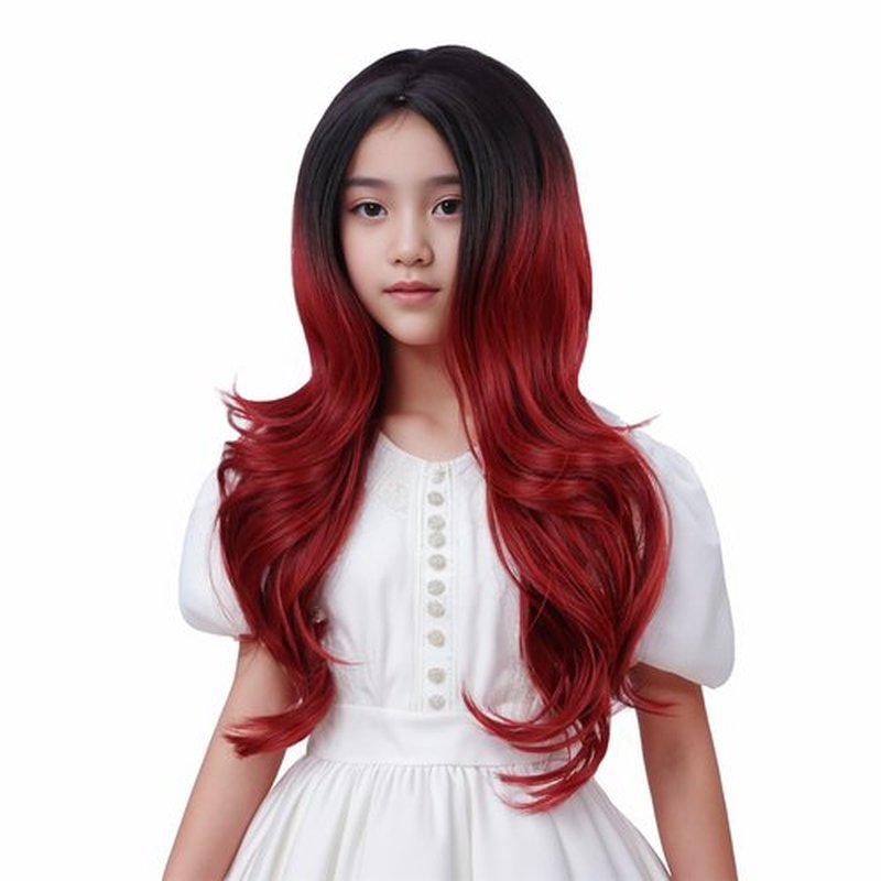 Edivd Black Ombre Red Wig for Kids Long Black Mixed Wine Red Middle Part Wig for Child Long Dark Red Wavy Curly Wig for Girls Heat Resistant Synthetic Wig with Wig Cap