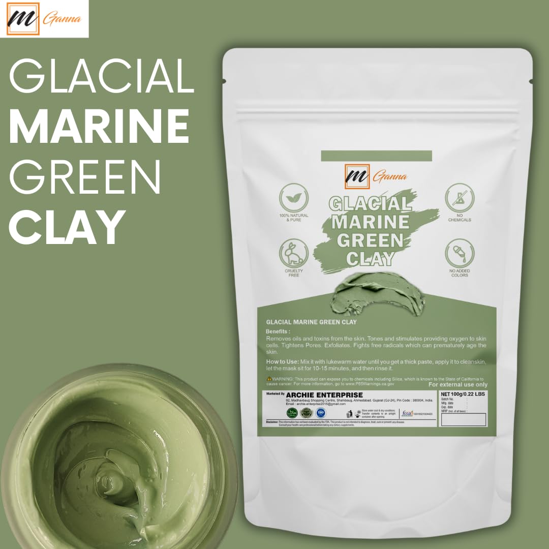 mGanna 100% Natural Glacial Marine Green Clay for Facial Masks, Creams, Body Wraps, Soft Peels and Scrubs, Skin Tightening, and Soap Making 454 GMS / 1 LBS