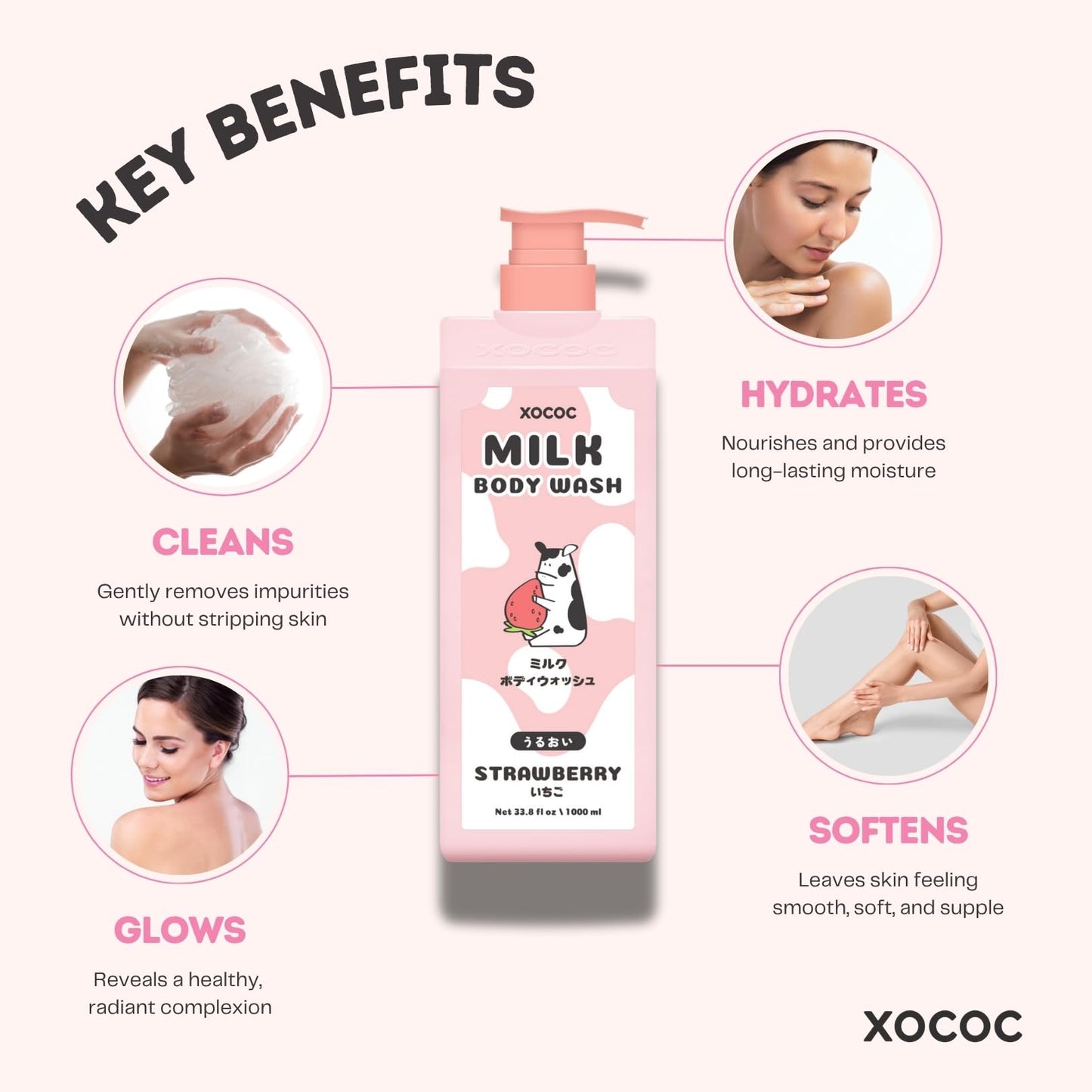 XOCOC Strawberry Milk Body Wash, 33.8 fl oz, Moisturizing Body Cleanser with Milk Protein & Strawberry Scent, Creamy Lather for Soft Smooth Skin, All Skin Types, Paraben Free, 1 Liter