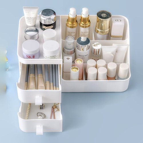POFUOT skin care organizer,Makeup Desk Organizer With Drawers,Countertop Organizer for Cosmetics,Vanity brush with Holder for Lipstick, Brushes, Eyeshadow, and Desktop (polar white)