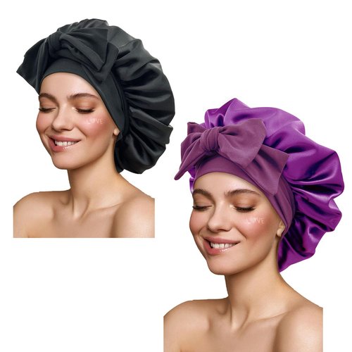 Satin Silk Hair Bonnets for Sleeping Large Bonnets with Tie Band Hair Wrap with Adjustable Straps Hair Cap Night Sleep Caps for Women Curly Braid Hair(Black,Purple)