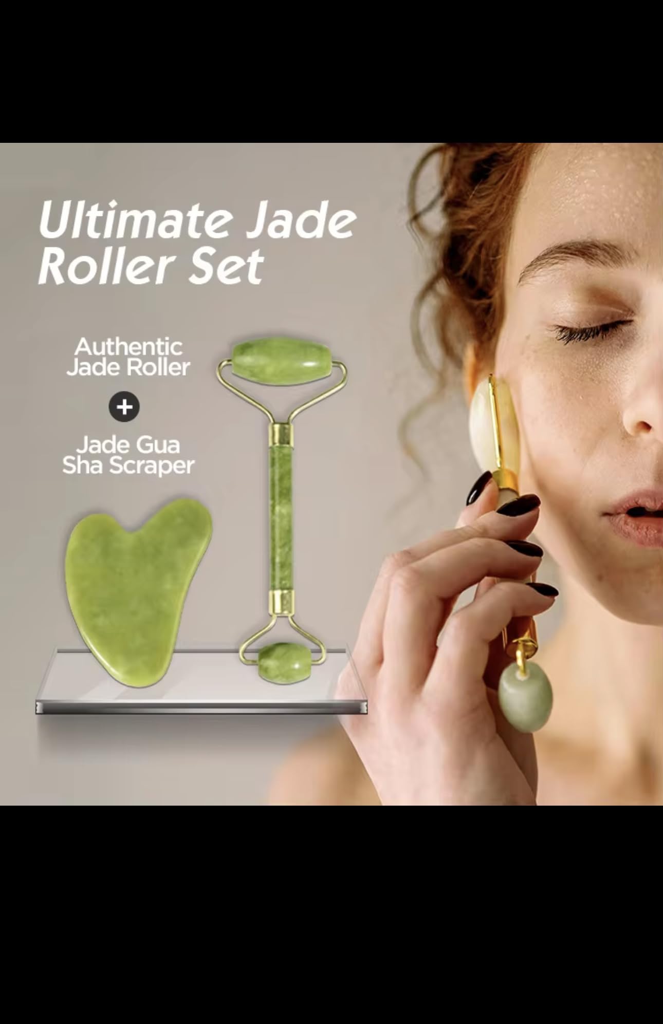 Jade Roller and Gua Sha Set, Natural Green Stone Facial Massage Tools with Gold Accents, 2-Piece Beauty Kit