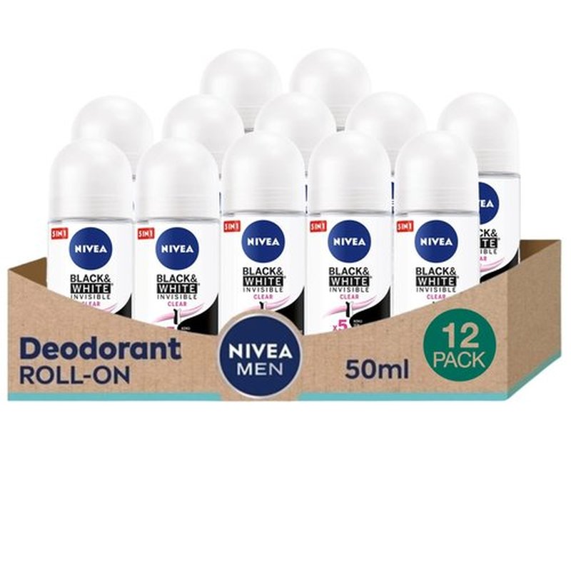 NIVEA 50ml Invisible Black And White Clear Roll On Anti Perspirant Deodorant, Pack of 6
