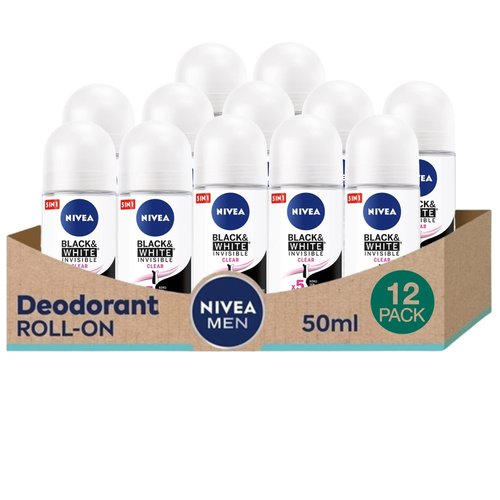 NIVEA 50ml Invisible Black And White Clear Roll On Anti Perspirant Deodorant, Pack of 6