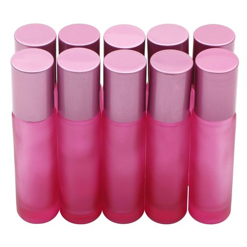 Kesell 10 Pack - 10ml Refillable Frosted Glass Roller Bottles Vials with Stainless Steel Roller Ball and Aluminum Cap - Pink Color