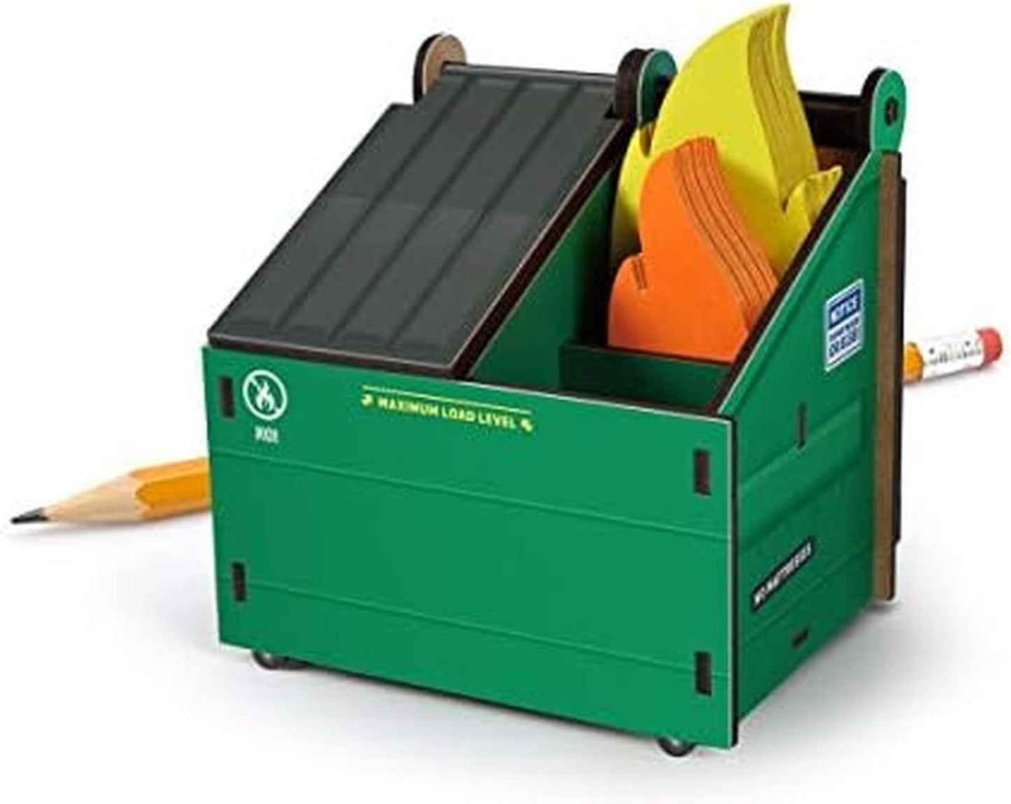 Genuine Fred Desk Dumpster Pencil Holder - Funny 3-Compartment Organizer with 100+ Flame Note Cards for Office or Home