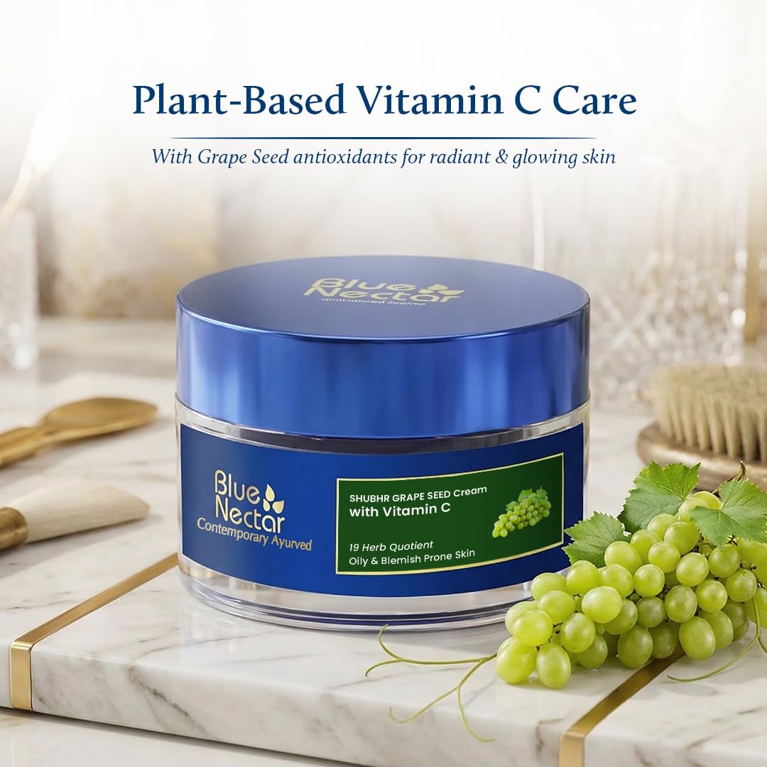 Blue Nectar Vitamin C Face Moisturizer for Oily & Acne Prone Skin with Grapeseed | Oil-Free | Plant Based Vit C Cream for Women (19 herbs, 1.76 fl oz)