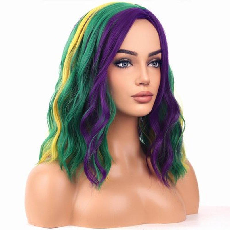 BERON Mardi Gras Wigs for Womens Girls Mardi Gras Costume Cosplay Purple Green and Yellow Colored Side Part Wigs Shoulder Length Mardi Gras Cosplay Party Wigs