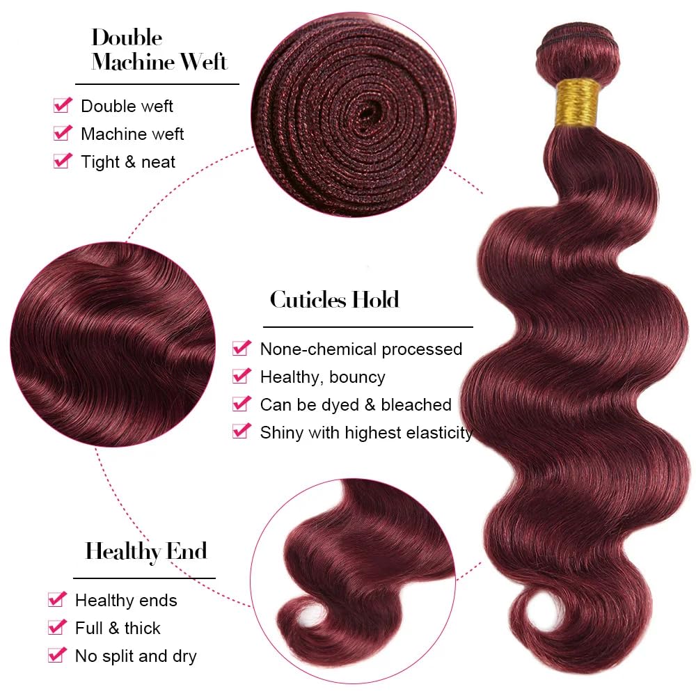 Burgundy Human Hair Bundles 99J Body Wave Human Hair Bundles Brazilian Unprocessed Virgin Hair 3 Bundles 12 12 12 Inch 99J Body Wave Bundles Wine Red Bundles Human Hair Extensions