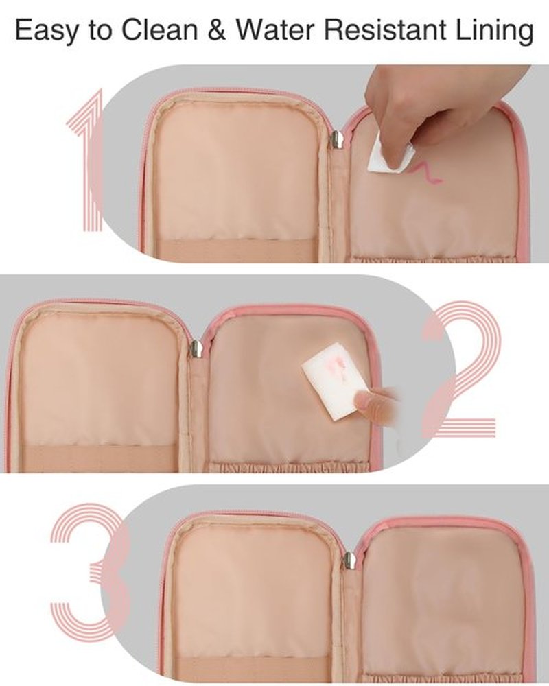 Relavel Small Makeup Bag, Small Travel Makeup Bags for Women, 2-layer Cosmetic Bag Makeup Purse with Brush Holder Compartment, Waterproof Makeup Organizer Storage (Pink)