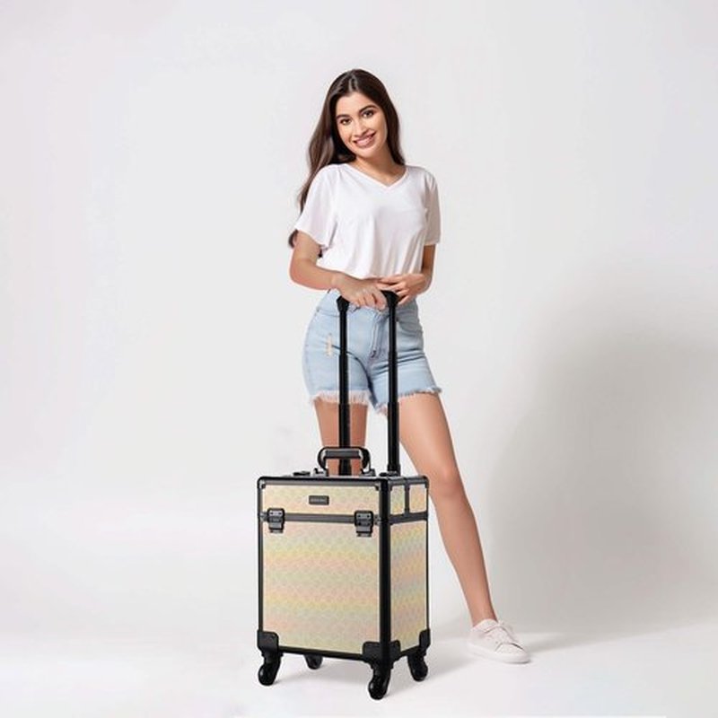 BYOOTIQUE Rolling Makeup Train Case Aluminum Cosmetic Case Portable Makeup Organizer Suitcase with Removable Wheels Cosmetic Trolley Organizer Salon Makeup Artist Nail Tech,Grace ForgetMeNo