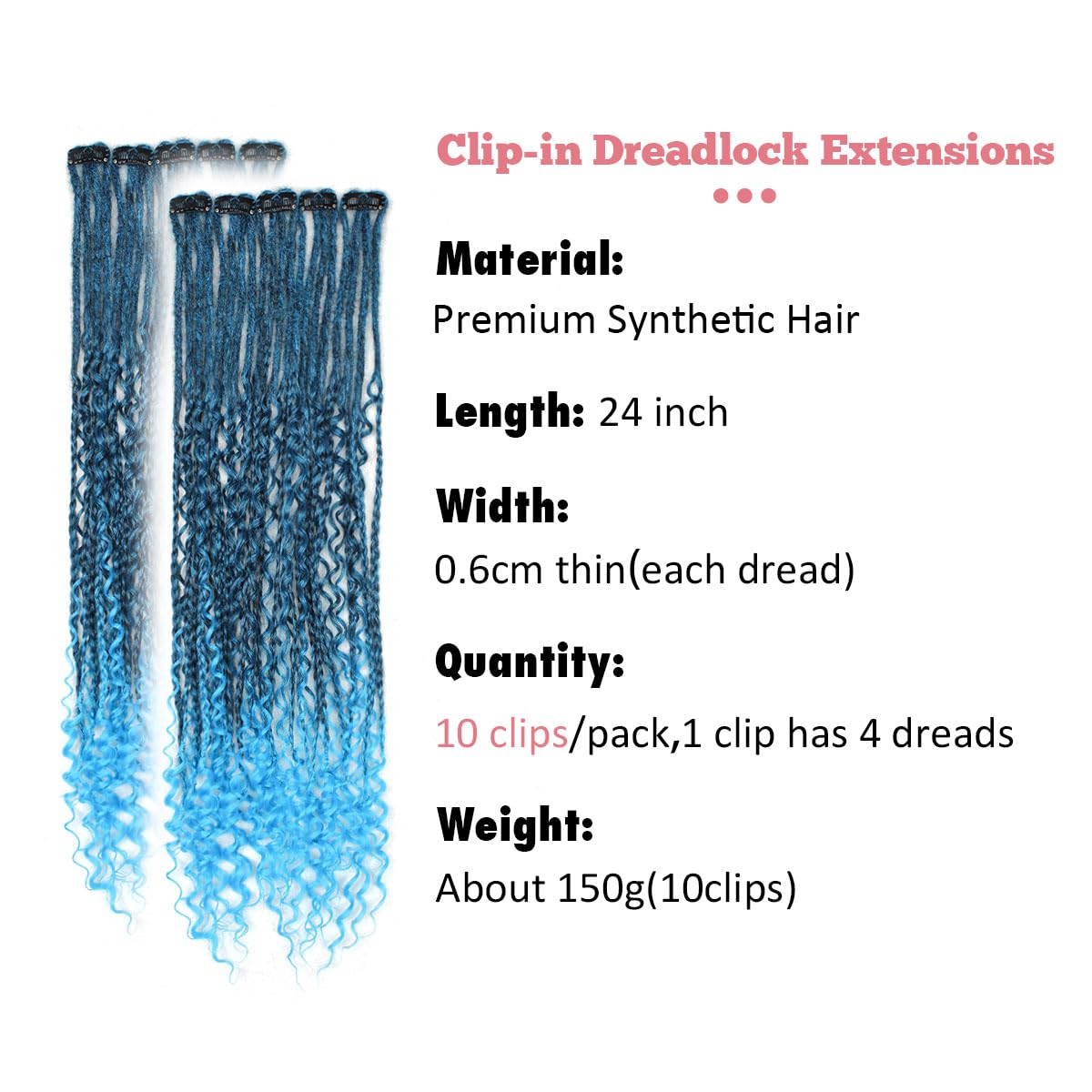 24 Inch Boho Clip in Dreadlock Hair Extensions 10Clips 40 Strands Synthetic Handmade Soft Clip In Dreads Extensions for Women,1B/Blue