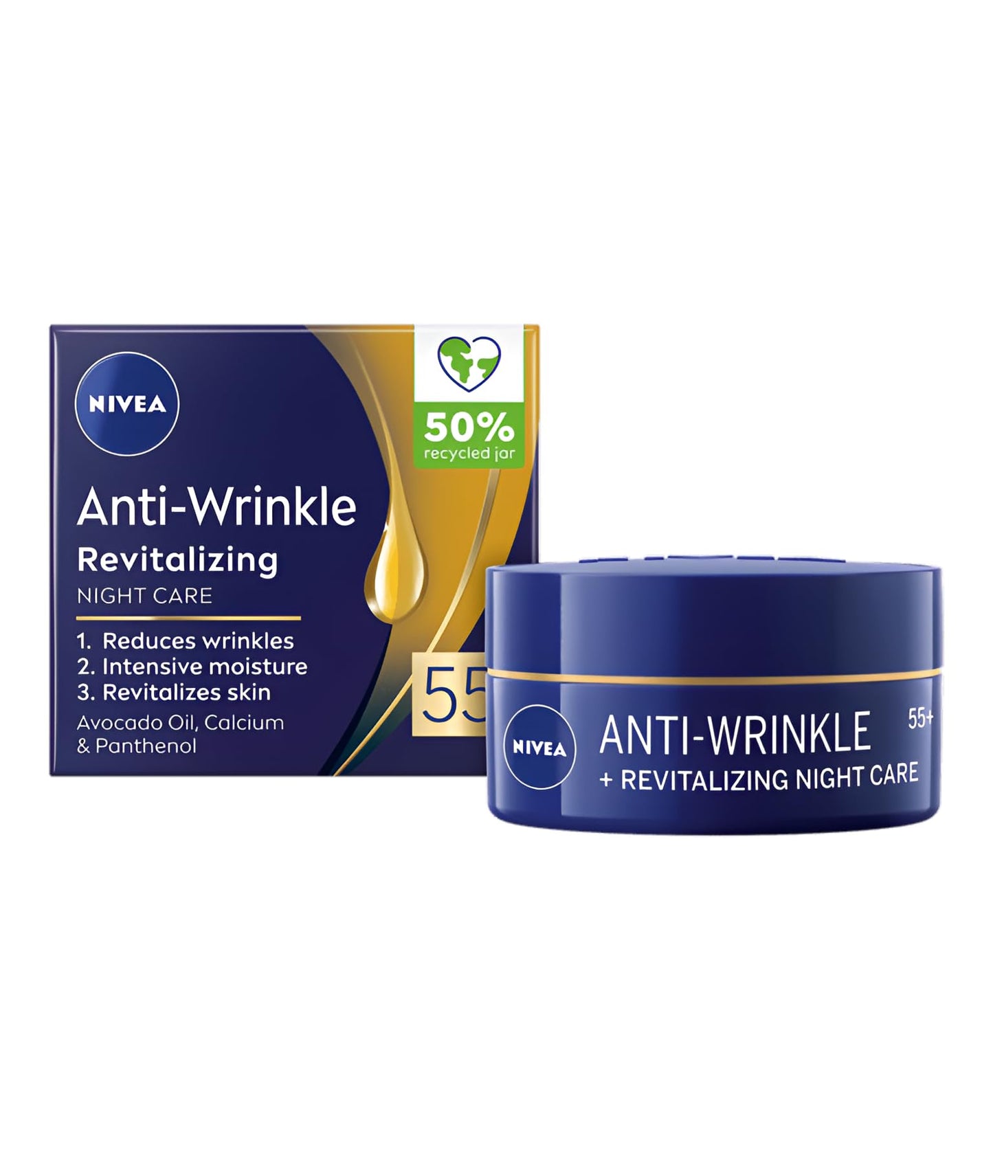 NIVEA Anti-Wrinkle Restorative Night Cream for Mature Skin 55+ with Avocado Oil, Calcium and Panthenol, Deep Overnight Renewal Facial Moisturizer, 50 ml