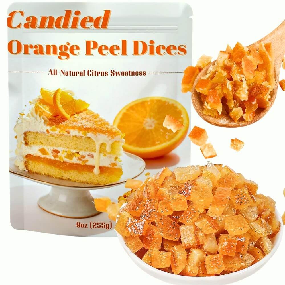 Candied Orange Peel Dices 9oz – Sweet & Zesty Citrus Bits for Baking, Bread, Cookies, Fruit Cake & Desserts – Ready-to-Use Orange Peel Cubes for Cooking, Garnish, Tea & Homemade Recipes