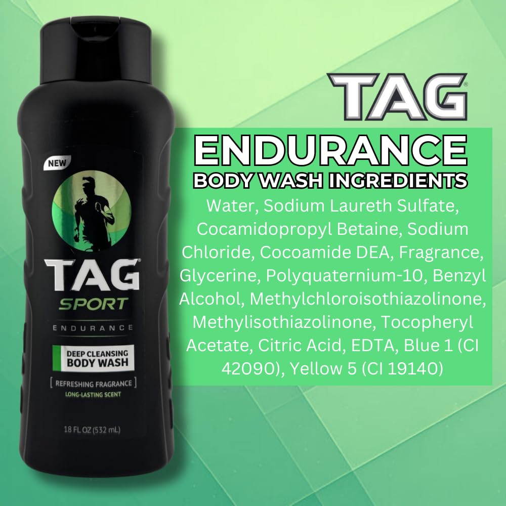 TAG Mens Body Wash, Refreshing Shower Gel, with Deep Cleansing, Long Lasting Fearless Scent, Revitalizing Body Wash Formula for Active Men; 3-Pack (18 Fl Oz Each) (Endurance)