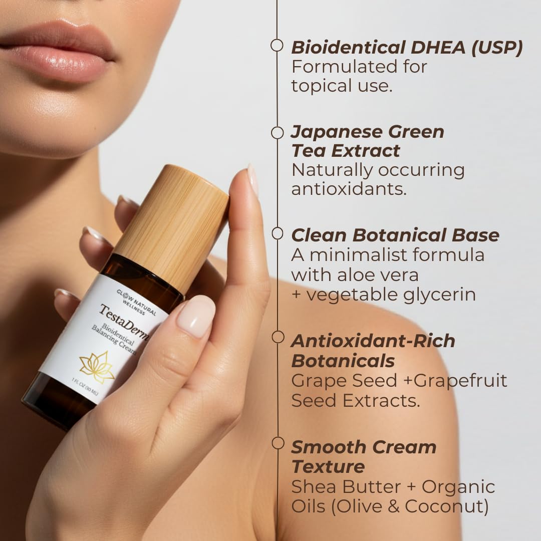 Glow Natural Wellness TestaDerm - DHEA Supplement Cream for Women - Plant-Derived Topical Balancing Cream - Unscented Formula with Botanicals - 1 fl oz (30ml)