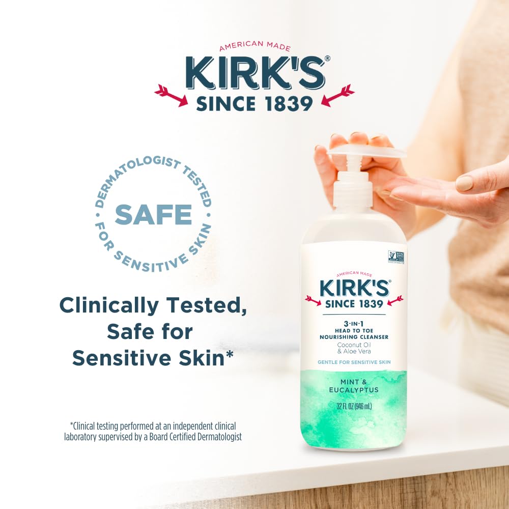 Kirk's Mint and Eucalyptus 3-in-1 Nourishing Cleanser, Shampoo Body Wash Bubble Bath, Coconut Oil and Aloe Vera, Vegan Non-GMO, 32 Fl Oz, Pack of 2