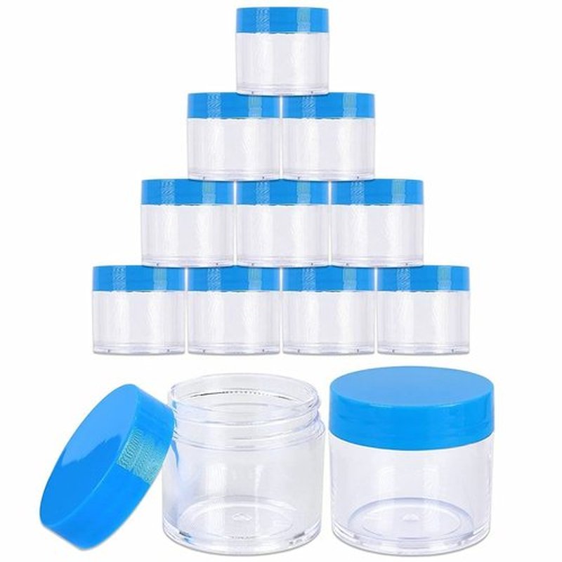 Beauticom 30g/30ml (1 fl. oz.) Double Wall Clear Plastic Leak Proof Jars with Flat Top Lids for Creams, Lotions, Make Up, Powders, Glitters, and more... (Color: Blue, Pieces: 12)