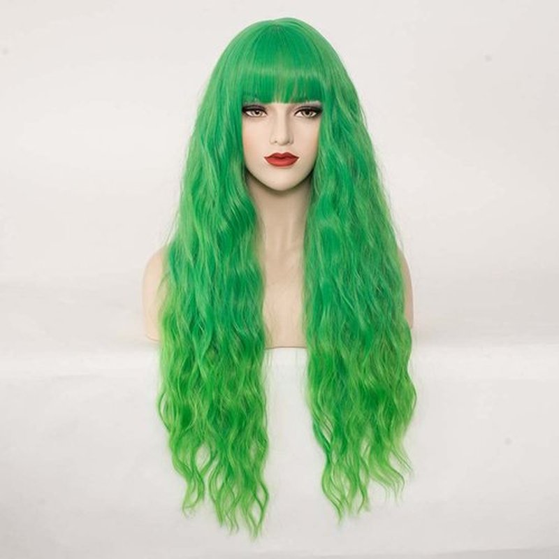 WGPFWIG Women's Bright Green Ombre Wig 27''Long Curly Wavy Wig Shoulder Length Flat Bangs Wig For Women Girl Cosplay Party Halloween Wig Cap Included (27''Bright Green Ombre)