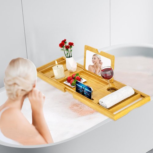 Premium Bathtub Tray Caddy with Makeup Mirror Bamboo - Bath Tray Expandable- Unique House Warming Gifts, New Home, Anniversary & Wedding Gifts for Couple, Bridal Shower Gift for Women