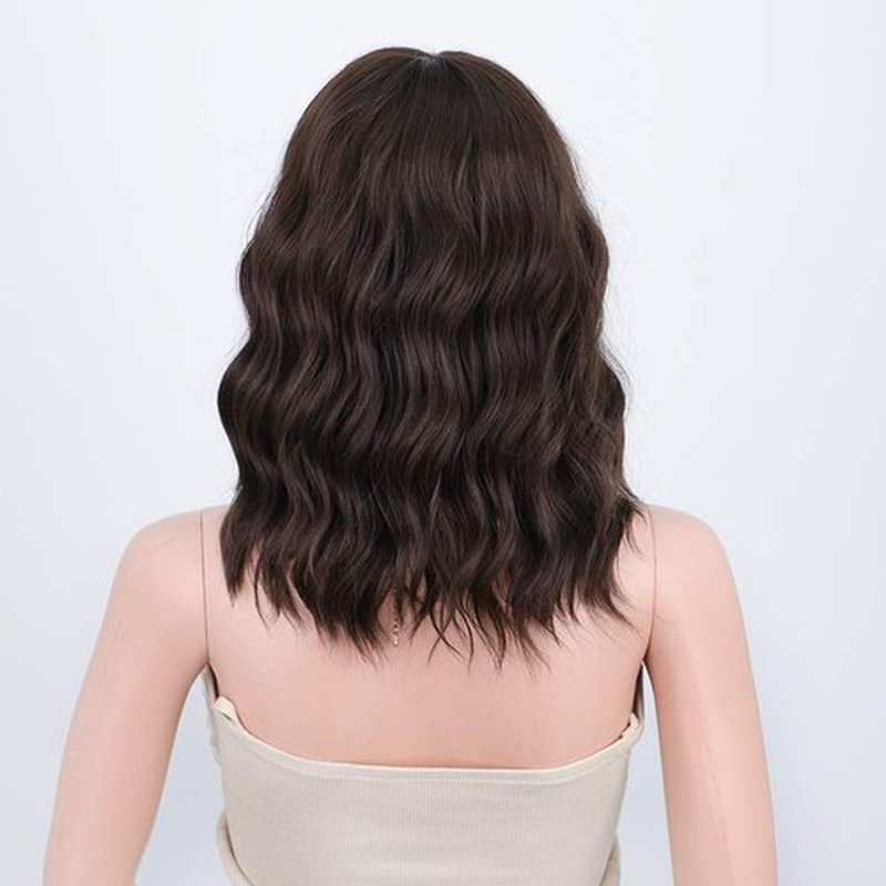 Ucubb Short Curly Wig with Bangs for Women 14 Inches Dark Brown Wavy Bob Wig Synthetic Heat Resistant Fiber Wigs (Dark Brown)