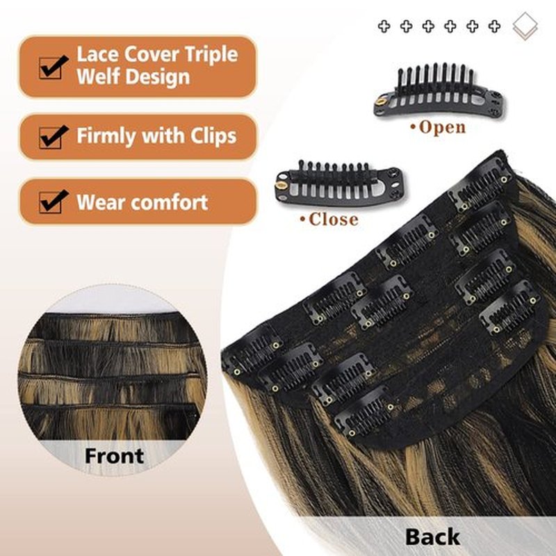 QGZ Clip in Long Wavy Hair Extensions Synthetic 4 PCS Thick Hairpieces for Women 20 Inch Long Fiber Hair Extension for Daily Party Use (Black Brown Mix Blonde)