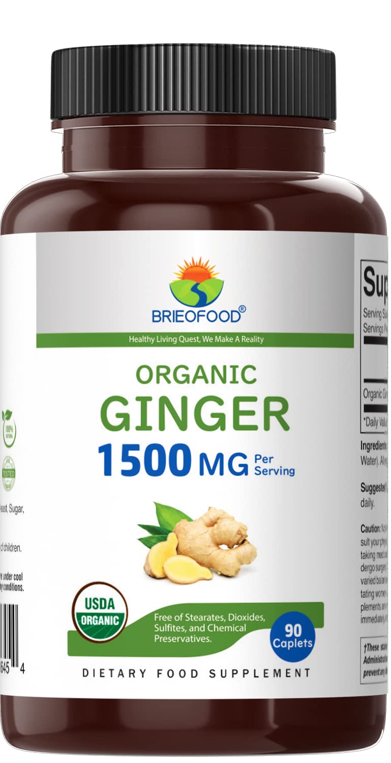 Brieofood Organic Ginger 1500mg, 45 Servings, Vegetarian, Gluten Free, 90 Vegetarian Tablets