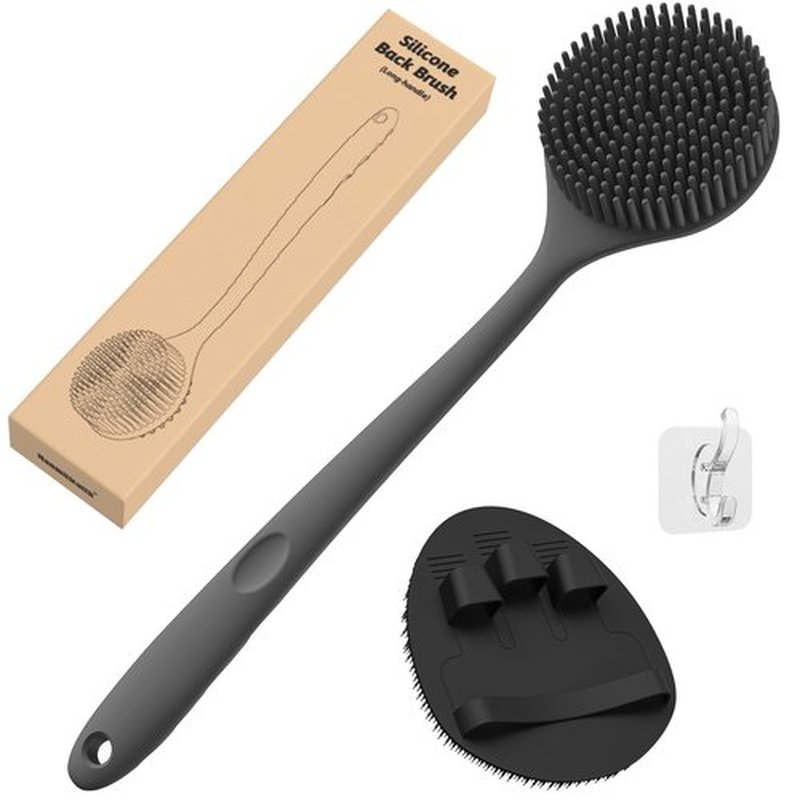 Manmihealth Silicone Back Scrubber(Thick Bristles) & Soft Bath Glove Set, Super-Exfoliating Body Scrubber & Super-Lathering Shower Brush Combination, with a Free Hook.(Gray)
