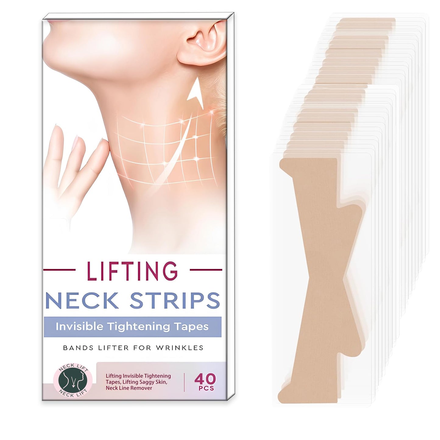 40 PCS Neck Lift Tape - Instantly Lift Sagging Skin, Invisible Neck Wrinkle Patches & Face Firming Tape, Comfortable Waterproof Jawline Definition