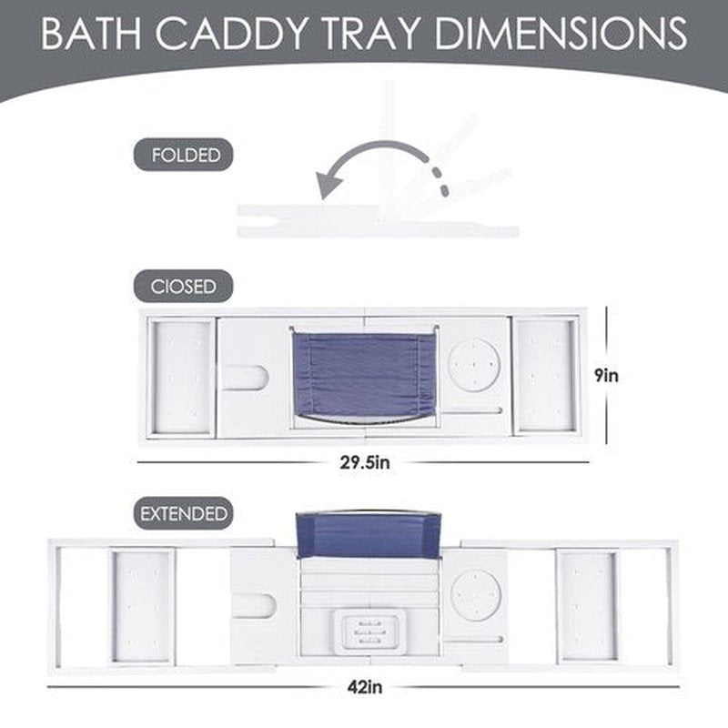 Foldable Bathtub Caddy Tray, Bamboo Bath Tub Tray Table for Tub with Wine Glass Holder Book Phone Tablet Holder with Extending Sides, Adjustable Bathroom Bathtub Free Soap Holder Gift Idea (White)