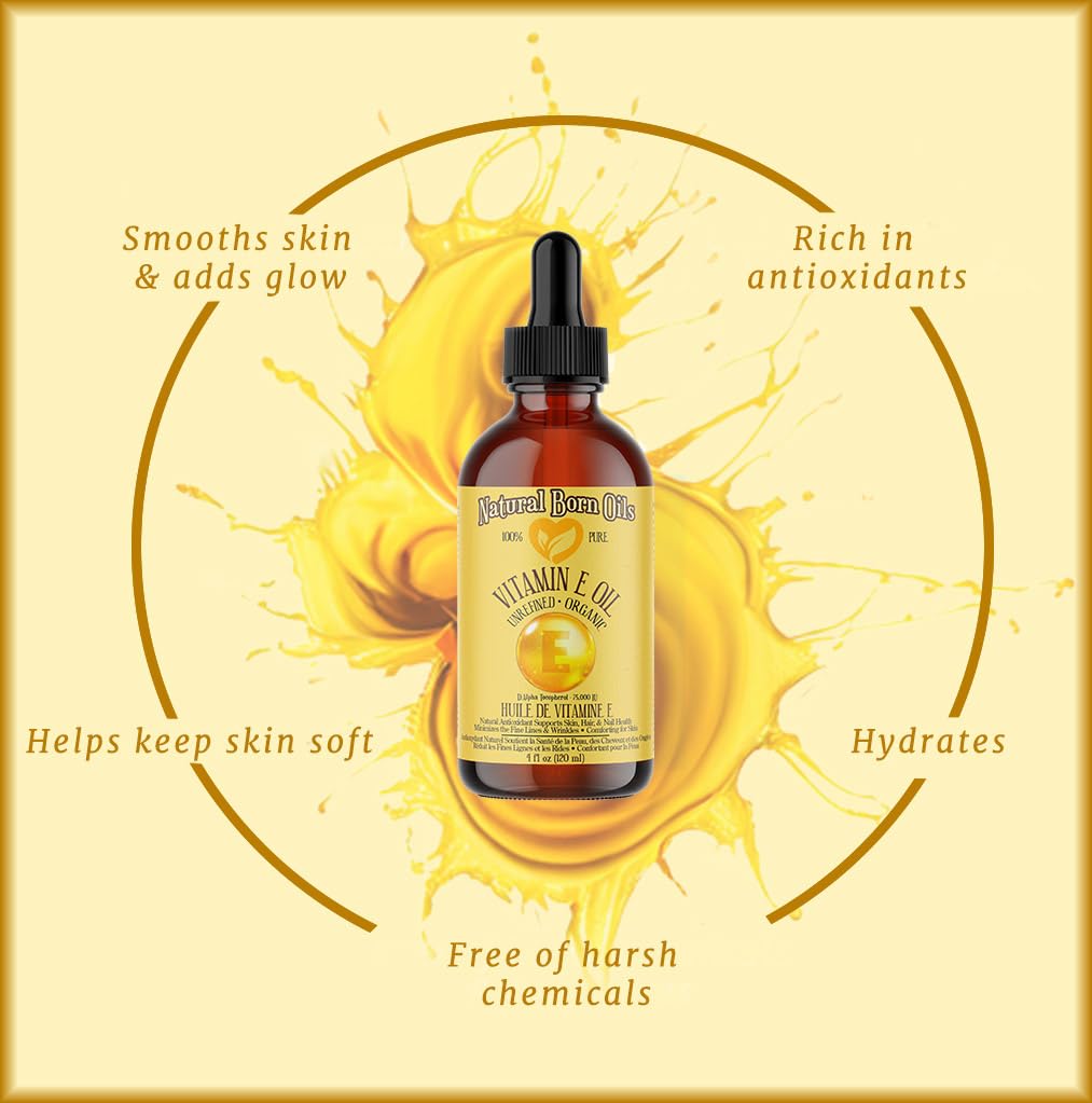 Natural Born Oils Natural Vitamin E Oil, 8oz, Organic, Cold-Pressed, Rich in Alpha-Tocopherol, Ideal for Moisturizing Skin, Strengthening Hair