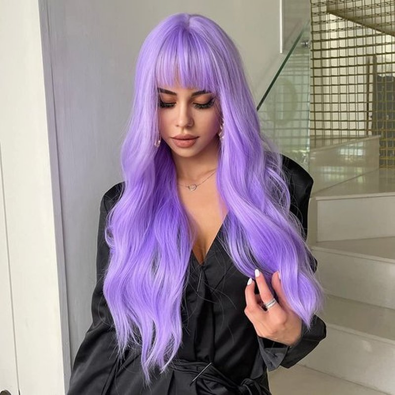 BERON Purple Wig Long Wavy Wig Light Purple Wig with Bangs Lavender Purple Wigs for Women Daily and Party Wig Cap Include