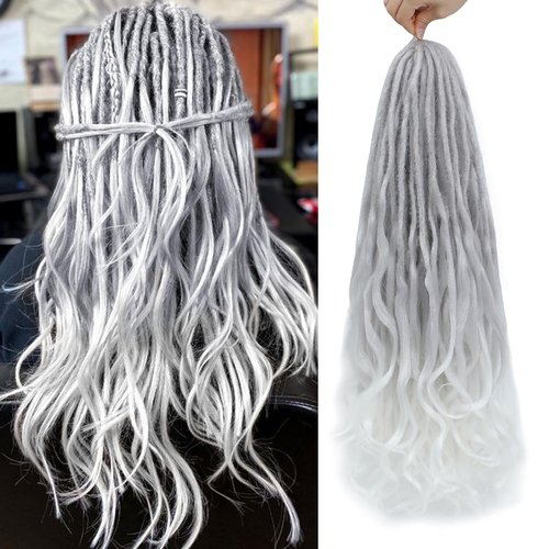 Aguacor Loose Wave Dreadlocks Synthetic French Curly Double Ended Dreadlock Extensions 24inches 30 Strands Thin Soft Grey to White Spanish Curly DE Dreadlock Extensions for Women (30 Strands, G60)