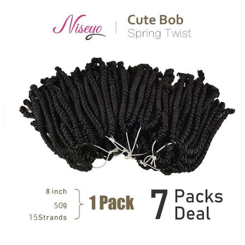Niseyo Pre twisted Bob Spring Twist Hair 8 Inch 7 Packs Short Pre-looped Crochet Braid (1B/Natural Black)