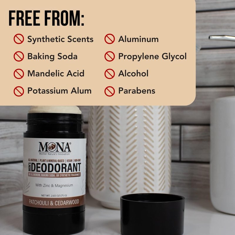 All Natural Deodorant for Men Aluminum Free | Hypoallergenic Men's Deodrant, Magnesium Deodorant for Sensitive Skin | Absorbs Sweat | Won’t stain clothes | By MONA Brands (Patchouli Cedarwood 2.65 Oz)