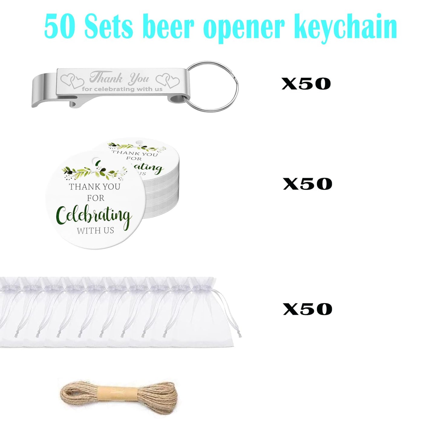 50 Sets Wedding Favors Beer Opener Keychain Thank You Cards Organza Bags and Jute Twine for Birthday Wedding Party Father Day Gifts (50)