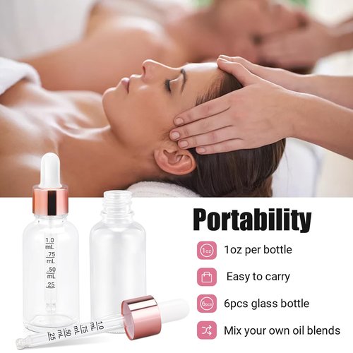 UMETASS 1oz Glass Dropper Bottle with Glass Pipette, 30ml Glass Eye Dropper Bottles Leakproof Glass Tincture Bottles for Travel Essential Oils (6pcs-Clear)