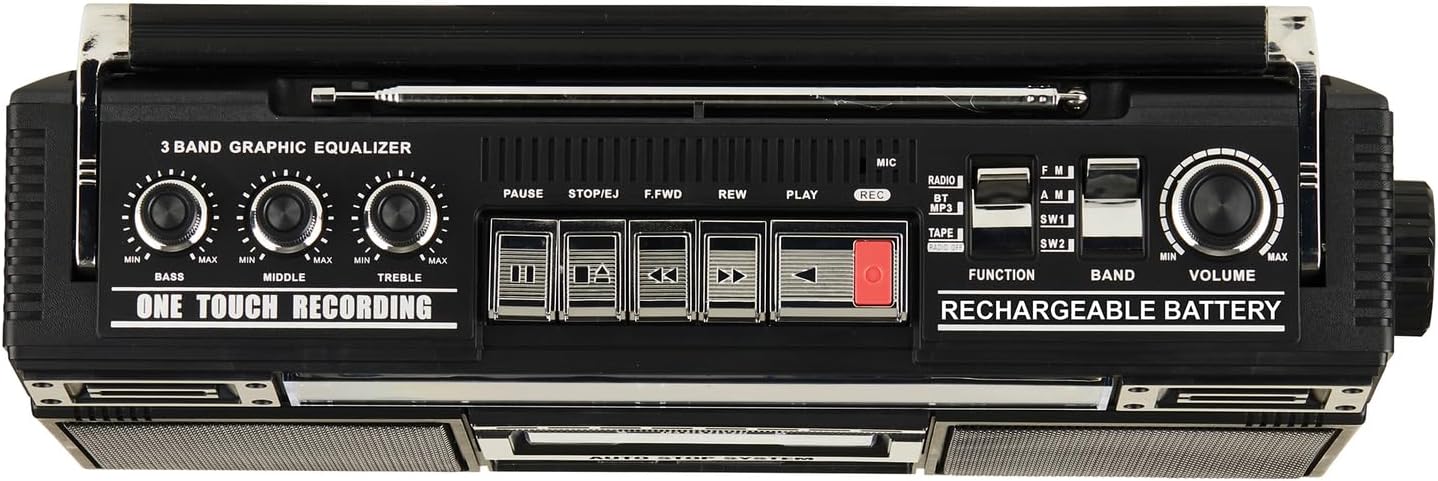 Bluetooth Cassette Boom Box | USB/SD Card AM/FM Radio with Recording & Built-in Mic